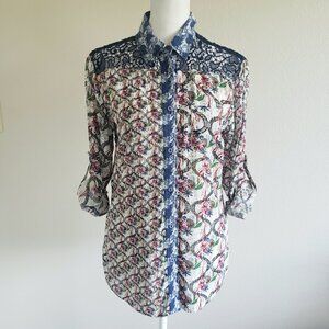 Desigual Blouse Button Up Shirt Floral Tokyo Lace Yoke Roll Tab Sleeve Size S